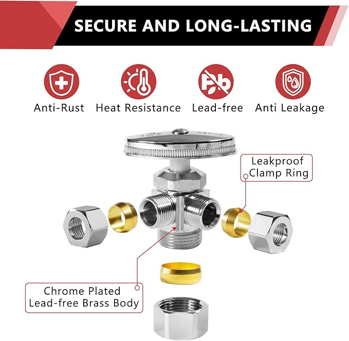 EFIELD Dual Compression Outlet Multi-Turn Angle Stop Valve,1/2" NOM (5/8" OD) x (3/8 inch x 3/8 inch) Chrome,(VALVE060)