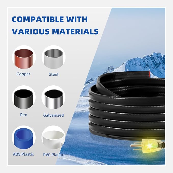 25 FT Pipe Heat Cable for Water Pipe Freeze Protection, Prevent Freezing & Easy Installation, Water Pipe Heat Cable With Thermostat Self-Regulating, Pipe Heating Trace System 120 V