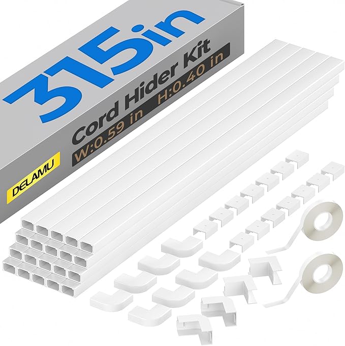 Delamu Cable Hider, 315in Cord Covers for Wires on Wall, One-Cord Cord Hider, Paintable Wire Hiders Wire Covers for Cords, Cable Management for Hiding 1-2 Small Wires, 20x L15.7 W0.59 H0.40in, White