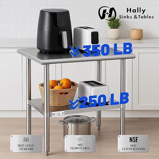 Hally Stainless Steel Table for Prep & Work 24 x 15 Inches, NSF Commercial Heavy Duty Table with Undershelf and Galvanized Legs for Restaurant, Home and Hotel