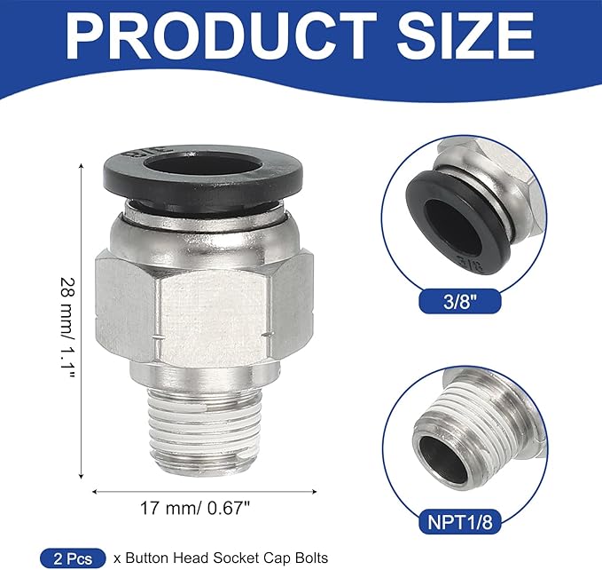 MECCANIXITY 2 Pcs NPT Push to Connect Air Fittings, Male Straight 3/8" Tube OD x 1/8" NPT Thread Air Quick Connector Coupling Adapter for Gas Hose Pneumatic Tools, Black