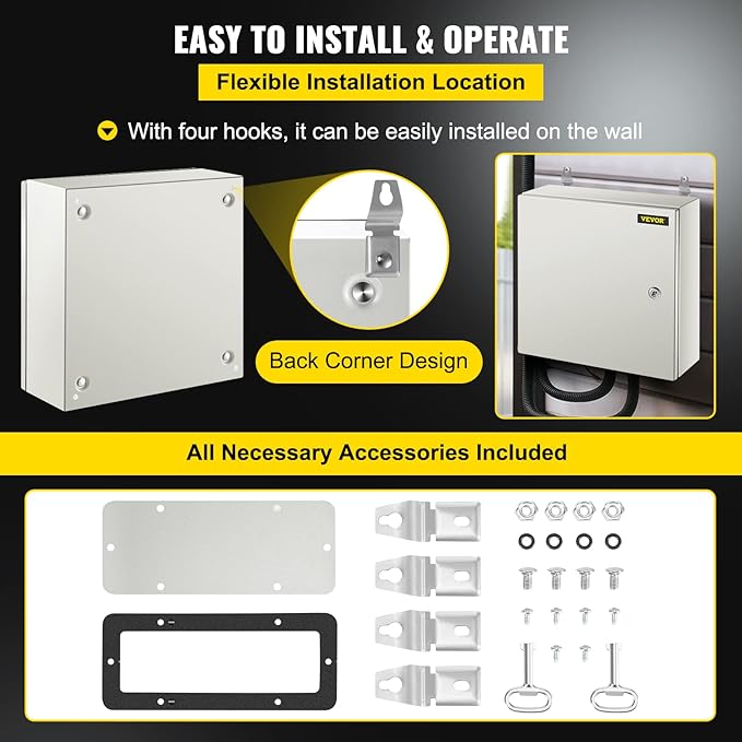 VEVOR NEMA Steel Enclosure, 16 x 16 x 6'' NEMA 4X Steel Electrical Box, IP66 Waterproof & Dustproof, Outdoor/Indoor Electrical Junction Box, with Mounting Plate