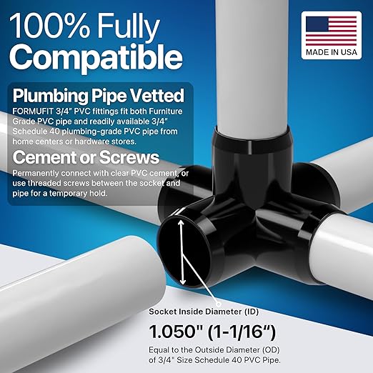 FORMUFIT 3/4" 5-Way Cross Furniture Grade PVC Fitting in Black, Made in USA, UV-Resistant, Impact-Proof, 1.050” Actual Socket Diameter (Pack of 8) - F0345WC-BK-8