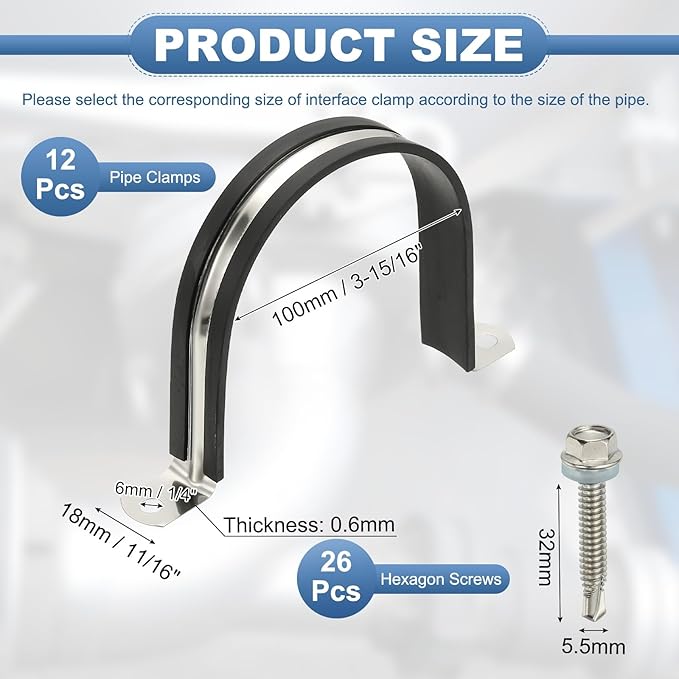 PATIKIL 12Pcs Pipe Clamps, 3-15/16 Inch 304 Stainless Steel Rubber Cushioned U Bracket Conduit Clamps Pipe Strap Wire Clips with Hexagonal Screw for Tube Hose Cord Installation, 100mm