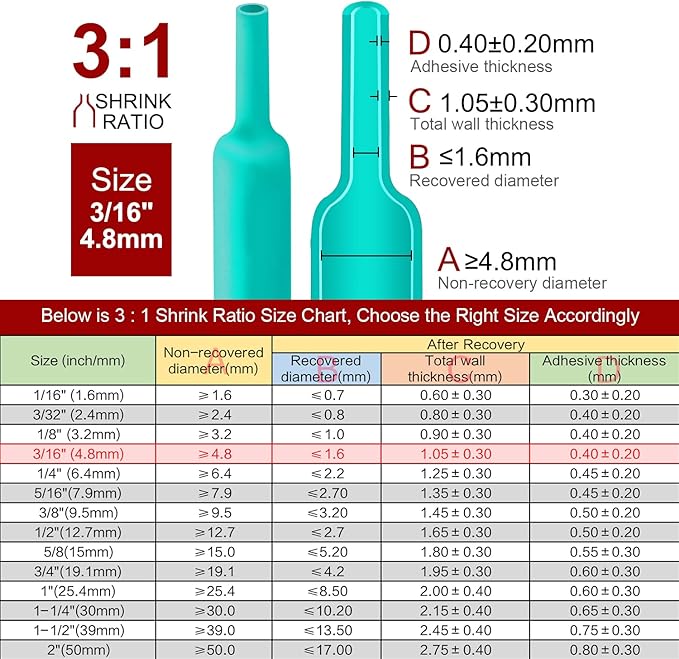 Chanzon 3/16 inch (4.8mm) Waterproof Heat Shrink Tubing Marine 3:1 Ratio with Electronic Dual Wall Adhesive Tubes Glue Inside 4.8G Green 80Ft/25M 1pcs