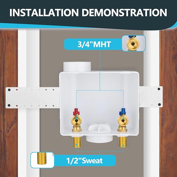 Washing Machine Outlet Box, Center Drain/Side Drain, 1/2 Inch MIP Sweat Inlet x 3/4 Inch MHT Outlet Connection, Laundry Washer Valve Outlet Box (Pack of 10)(WM001-10Pack)