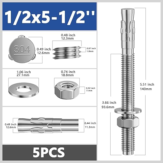 5Pcs 1/2x5-1/2 Inch Standard Fasteners for Heavy-Duty 304 Stainless Steel Wedge Anchors for Cement and Concrete