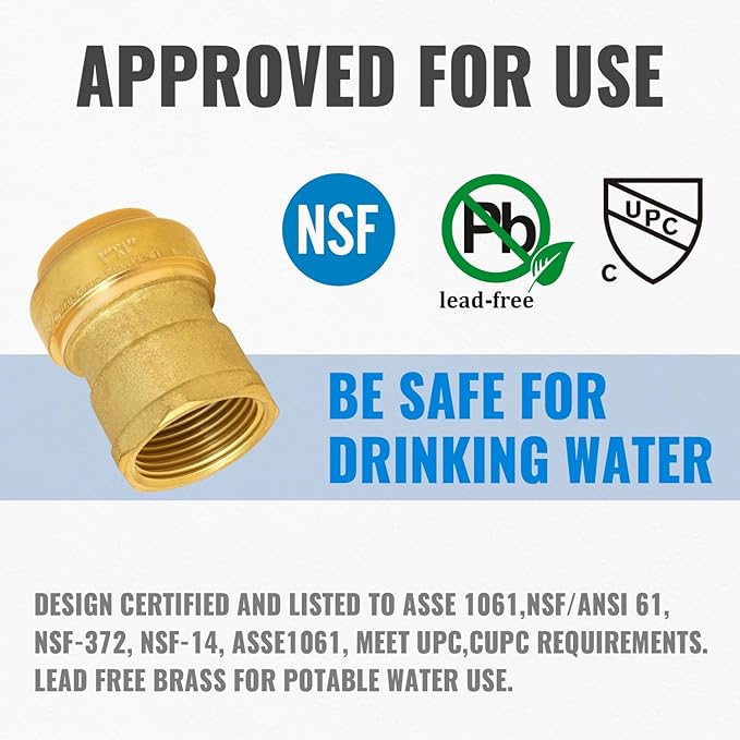 SUNGATOR Pushfit Female Adapter, 1 Inch Push x 1 Inch FNPT Adapter, No Lead Brass Push to Connect Plumbing Fitting to Work with Pex, Copper, CPVC, with 1 Disconnect Clip, Pack of 2