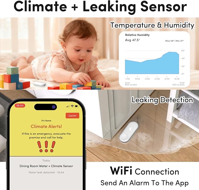 Kangaroo Water Leak Detector+Climate Sensor,Hygrometer Thermometer with App Notifications,Wireless 2.4G WiFi,Humidity Temperature Alarm,for Home, Basement, Kitchen,Washroom,Bedroom