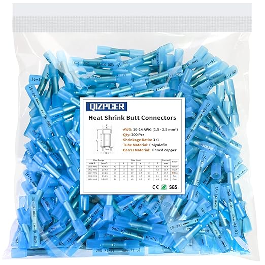 200 Pcs Blue Heat Shrink Butt Connectors, 16-14 AWG Waterproof Electrical Crimp Terminal Splice Wire Connectors for Marine, Automotive, Cable, Wiring