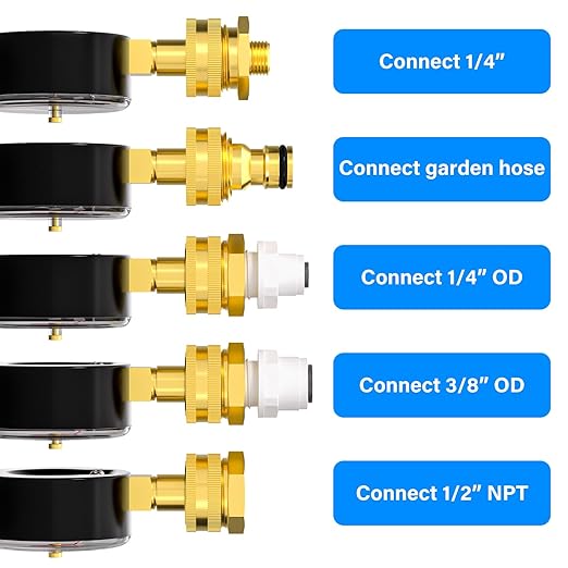 MEANLIN MEASURE 0~100Psi 3/4" Female Water Pressure kit Plus 5 adapters, 2.5" FACE DIAL Multi-Purpose Pressure Gauge kit with Red Indicator Hands, Hydraulic Tester Suitable for Gardens, Water Pipes