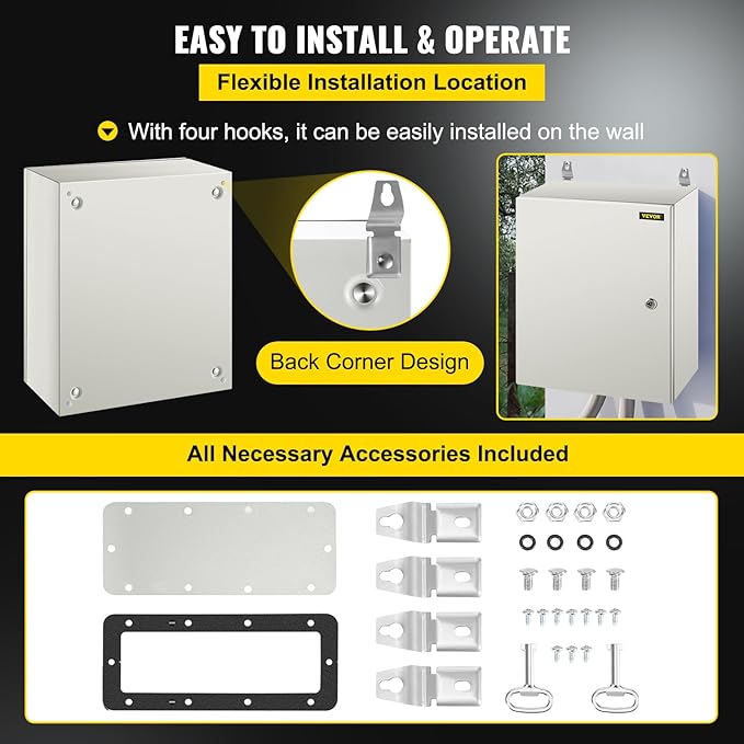 VEVOR NEMA Steel Enclosure, 20 x 16 x 8'' NEMA 4X Steel Electrical Box, IP66 Waterproof & Dustproof, Outdoor/Indoor Electrical Junction Box, with Mounting Plate