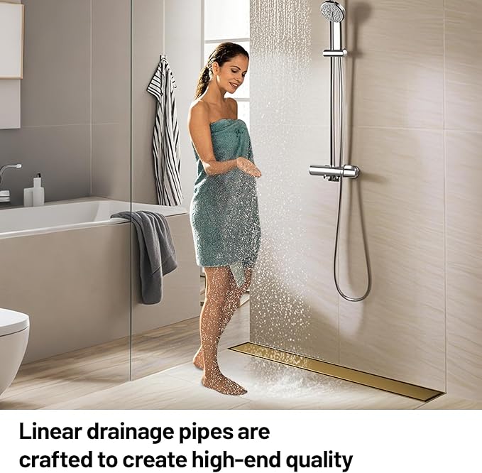 Linear Shower Drain, 304 Stainless Steel with Adjustable Leveling Feet, Hair Strainer,Reversely Install Place to Create an Invisible Floor Drain - Gold -18-Inch