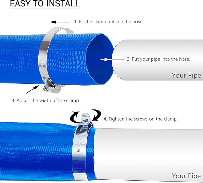 DAVCO 2" x 100 ft Pool Backwash Hose, Heavy Duty Reinforced Blue PVC Lay Flat Water Discharge Pump Hoses For Swimming Drain Pools and Clean Filters,with 1 Clamp