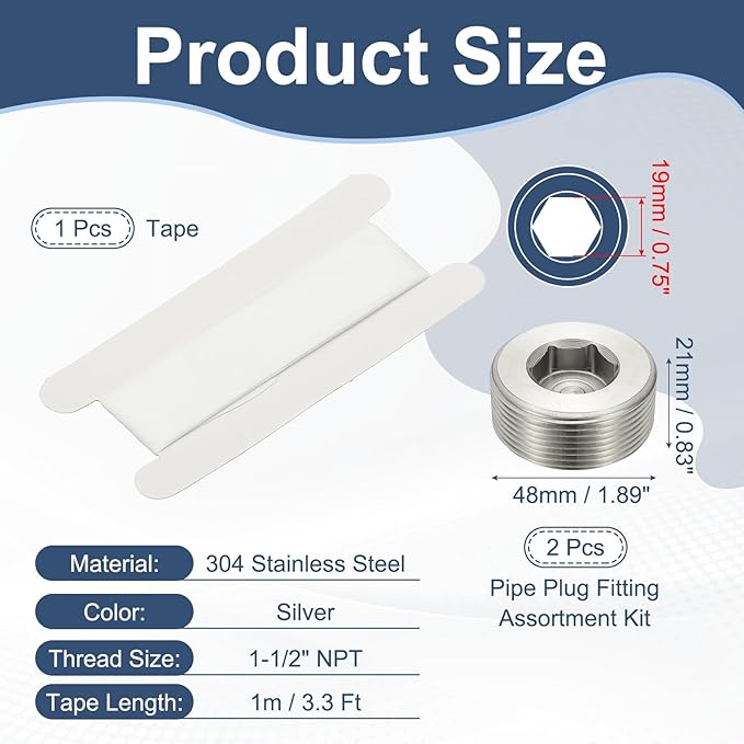 PATIKIL 1-1/2" NPT Male Internal Hex Pipe Fitting, 304 Stainless Steel Pipe Plug Fitting Assortment Kit Countersunk Thread Head Socket Pipe Plug Fitting Adapter with Tape, Silver