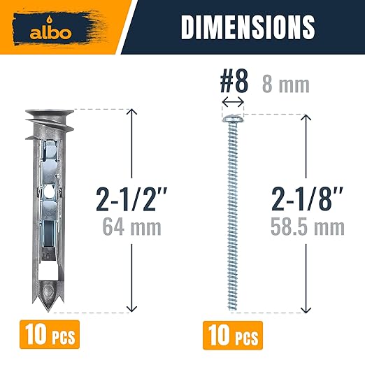 ALBO EZ Self-Drilling Drywall Toggle Anchors Kit – Heavy Duty Metal Anchors with Screws (10 Pack) – Holds Up to 100 lbs – Perfect Toggle Bolts for Drywall & Hollow Walls