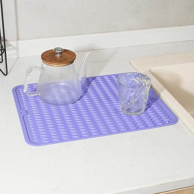 Silicone Dish Drying Mat for Multiple Usage,Easy clean,Eco-friendly,Heat-resistant Silicone Mat for Kitchen Counter or Sink,Refrigerator or drawer liner Light Purple L 16 inches x 12 inches