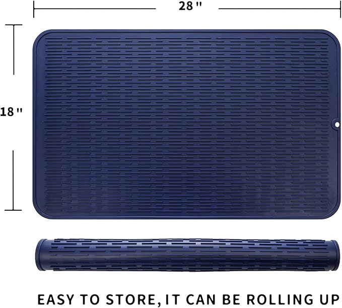 Silicone Dish Drying Mat for Multiple Usage,Easy clean,Eco-friendly,Heat-resistant Silicone Mat for Kitchen Counter or Sink,Refrigerator or Drawer Liner Navy Blue 3XL 28 inches x 18 inches