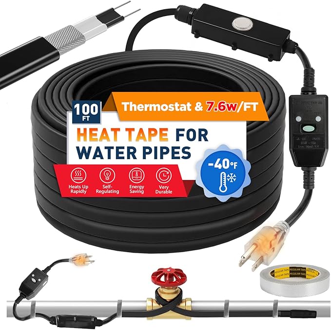 3~100FT Heat Tape for Water Pipes, UL & ETL Certified 100 FT Self-Regulating Pipe Heating Cable with Thermostat for Pipe Freeze Protection, Waterproof Heat Tape for Metal and Plastic Pipes,Black