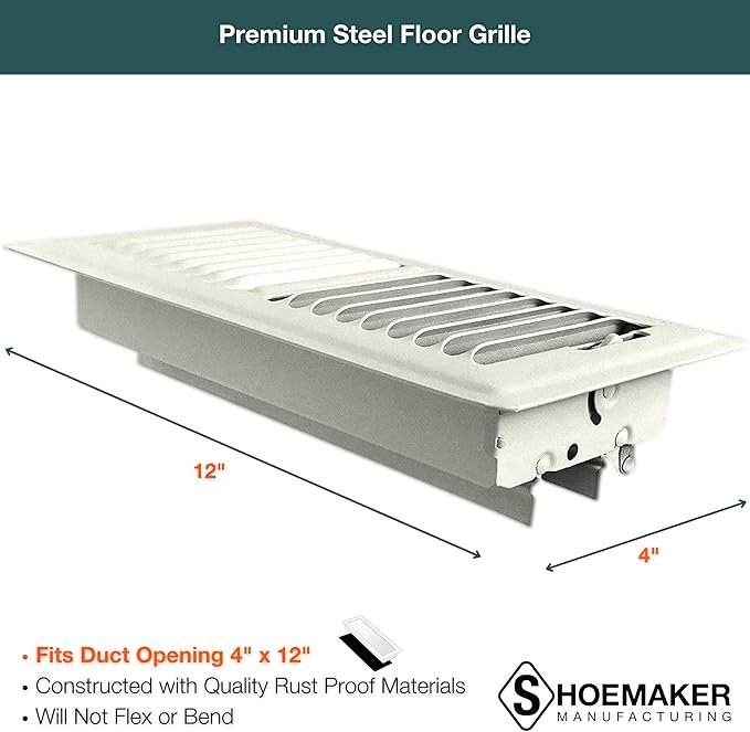 Shoemaker 4x12 Floor Register – Warm White Heavy Duty Metal Floor Vent Cover for Home Floors - Premium Forced Air Vent Covers