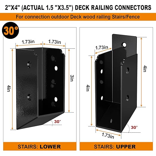 30° Stair Angle Stainless Steel Deck Railing Brackets Connectors for 2"x4" (Actual 1.5"x3.5") Railing Wood Post Stair Fence Railing Connectors with Coated Wood Screws,(2 Pair/Black)