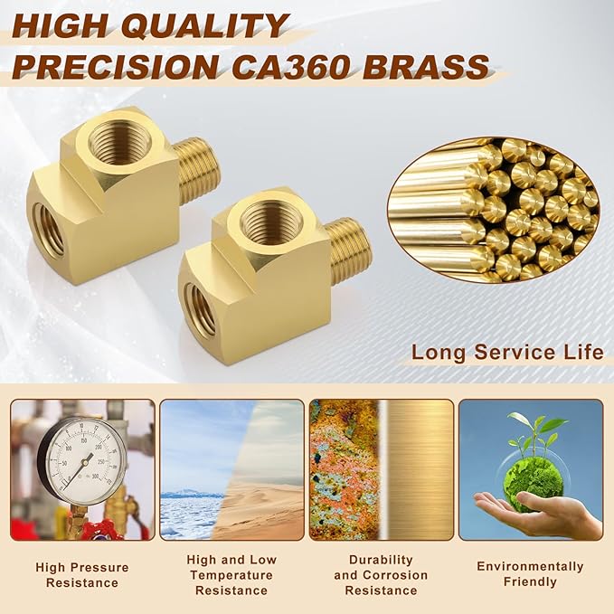 2pcs 1/8" Brass Tee Fittings 1/8" NPT Female Pipe to 1/8" NPT Male to 1/8" NPT Female Brass Barstock Street Tee Pipe Fittings 3 Way for Joining Pipe