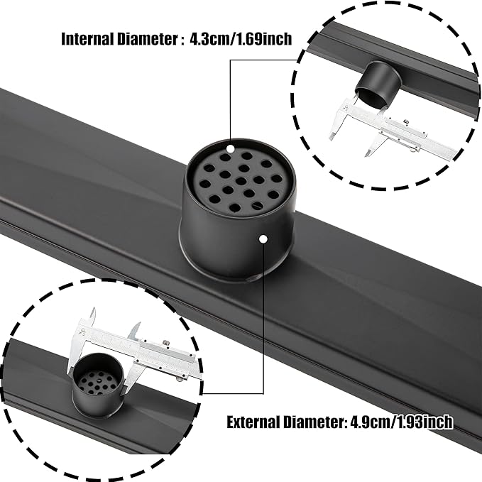 24 inch Linear Shower Drain with Removable Square Hole Panel by Using 304 Stainless Steel Process, Linear Drain Equipped with Adjustable Feet and Hair Strainer（Matte Black Color）