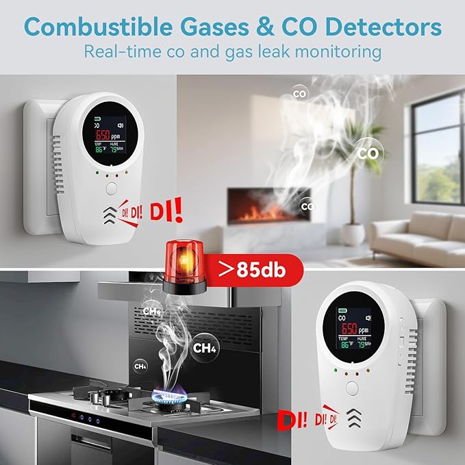5-in-1 Carbon Monoxide Detectors,Combustible Gas Detector,Plug-in & Built-in Backup Battery,Monitoring CO,Natural Gas,Temperature and Humidity,Clear LCD Screen Sound Light Dual Alarm Detector