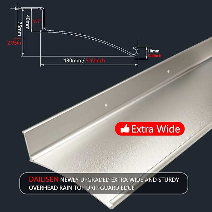 Extra Wide 5.12" W Door rain drip Guard Overhead,55.1" L Aluminum drip Cap for Exterior Doors Window Top,rain drip Edge Flashing,Water Deflector,rain Diverter,Anodized Silver 1PCS