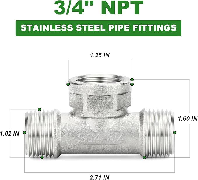 TAISHER 2PCS 304 Stainless Steel Tee Pipe Fittings, 3/4" NPT Male x 3/4" NPT Female x 3/4" NPT Male Pipe Fittings, Female Branch Tee