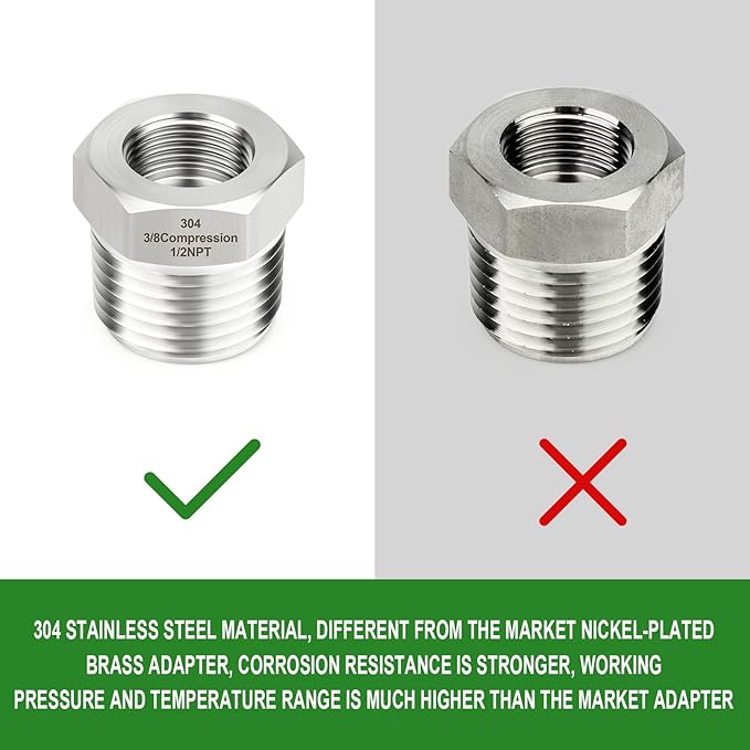 TAISHER 5PCS 304 Stainless Steel Reducer Water Hose Adapter 1/2" NPT × 3/8" Compression Pipe Fitting for kitchen bathroom faucet supply line adapter with rubber gasket