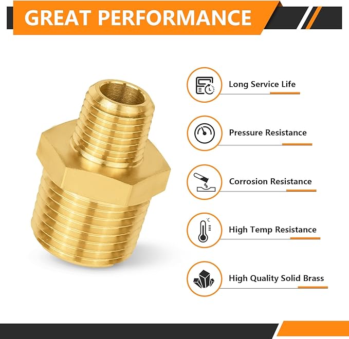 50-PCs HeSun Brass Hex Nipple Pipe Fitting, 1/2" NPT Male x 1/4" NPT Male Hex Pipe Adapter