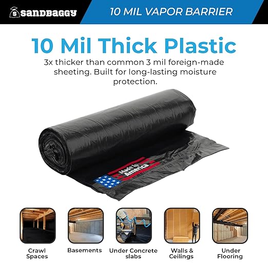 Sandbaggy 20 ft x 100 ft Vapor Barrier 10 Mil | Polyethylene | Black Plastic Sheeting Rolls | Moisture Barrier for Crawl Spaces, Concrete and Laminate Underlayment, Walls (100 Rolls)