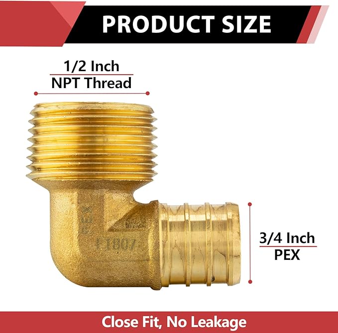 (Pack of 100) EFIELD Pex 3/4 inch x1/2 inch Male NPT Threaded Elbow Barb Crimp Brass Fittings, ASTM F1807,(PEX1807101-100PCS)