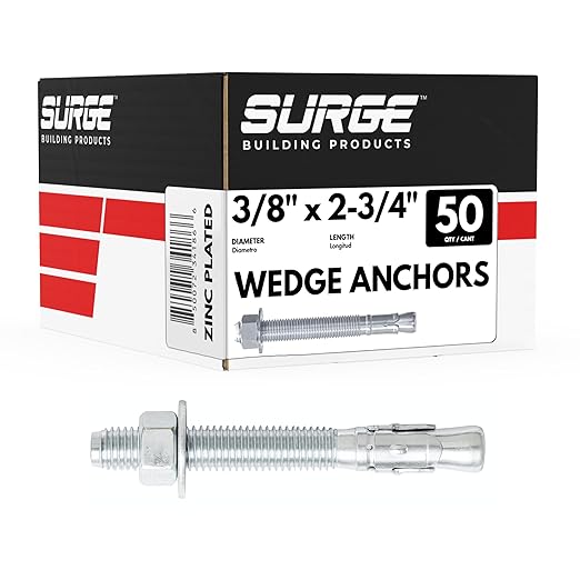 3/8" x 2-3/4" Zinc-Plated Wedge Anchors for Concrete and Cement | Heavy-Duty 3/8 Concrete Anchors (Box of 50)