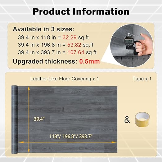 Freshtour Vinyl Flooring Roll, Versatile Removable PET Leather-Like Floor Covering, Waterproof & Durable, Easy Tape Installation, Cost-Effective for Any Room, Dark Grey Oak/ 107 Sq.ft (39.3" x 393.7")