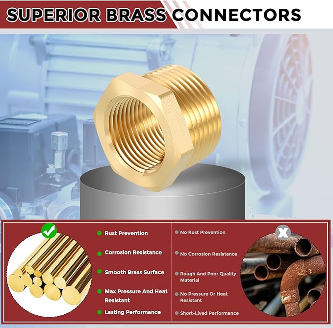 Pack of 2, 1" Male NPT to 3/4" FeMale NPT Solid Brass Hex Bushing, Hose Fittings Adapter Reducer Fit for Pipe Leak Repair, Bathroom Remodeling, Tool Extensions, Compression