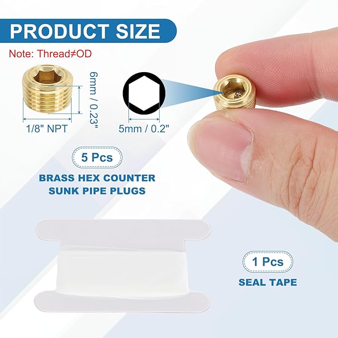 PATIKIL 1/8" NPT Male Pipe Plug Fitting, 5Pcs Brass Hex Counter Sunk Plug Brass Male Connector Socket for Closing the End of Pipe Industrial Machinery Fittings