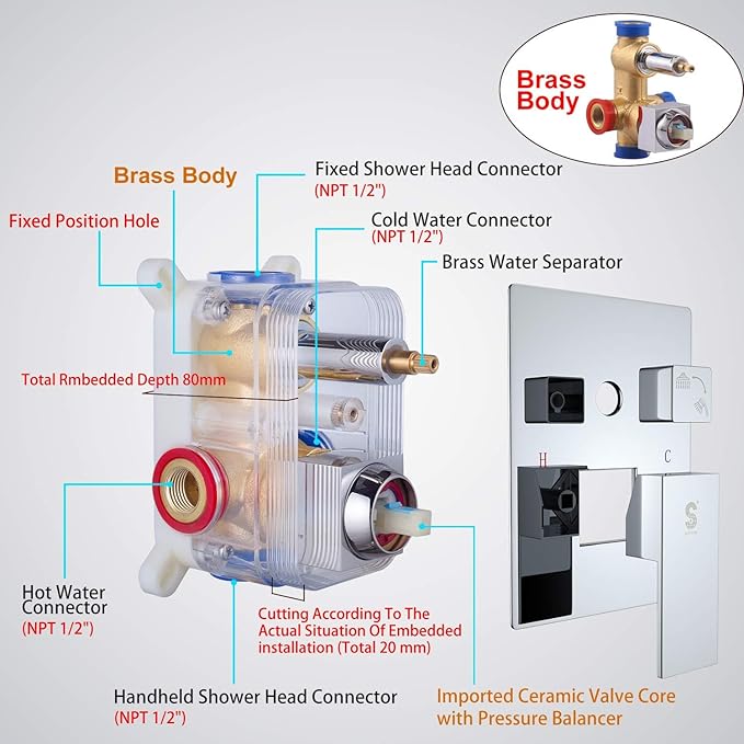 SR SUN RISE SRSH-C1003 Ceiling Mount Bathroom Luxury Rain Mixer Shower Combo Set Rainfall Shower Head System 10 Inch Polished Chrome (Contain Shower Faucet Rough-In Valve Body and Trim）
