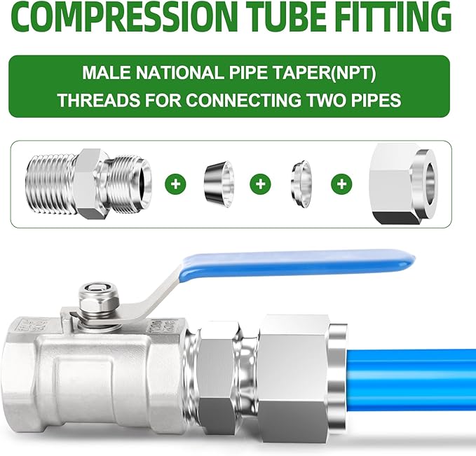TAISHER 5PCS 304 Stainless Steel Compression Tube Pipe Fitting Connector, 1/2" Tube OD x 3/8" NPT Male Straight Adapter