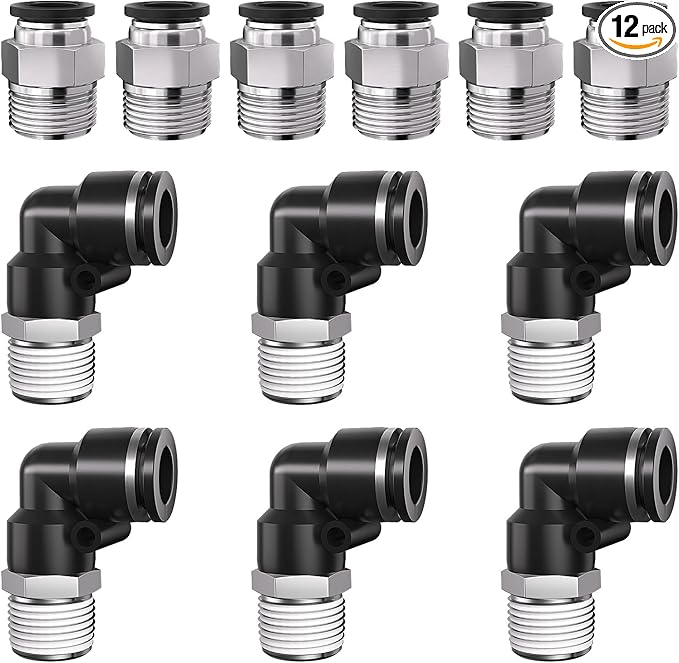 1/2" Tube OD to 1/2" NPT Thread Push to Connect Fittings,Pneumatic Quick Air Hose Fittings,Male Straight + Elbow,PC+PL(12pcs)
