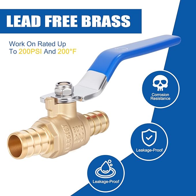 F1807 3/4" Pex Ball Valve, Brass Full Port Water Shut Off Ball Valve for Hot and Cold Water (10-Pack), UPC Certified