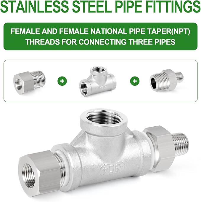 TAISHER 5PCS Stainless Steel Tee Pipe Fittings, 1/2" x 1/2" x 1/2" NPT Female Pipe Fittings