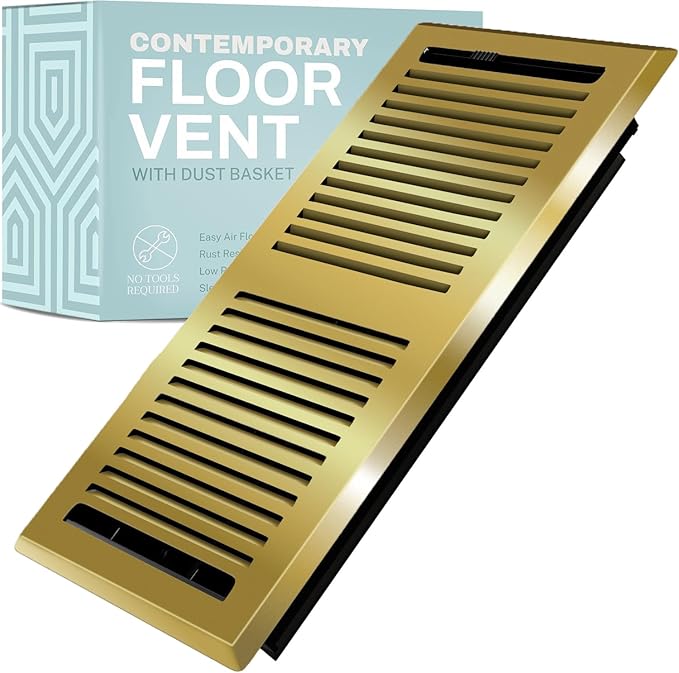 Home Intuition Contemporary Floor Vent Covers 2X14 Inch Floor Register with Mesh Cover Trap Heat and Air Walkable Metal Floor Vent for HVAC Duct, Polished Brass