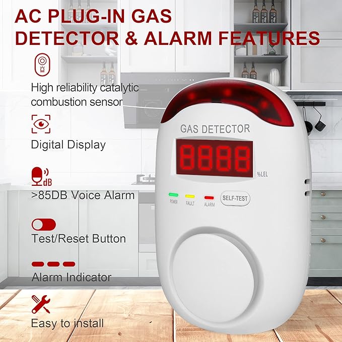 2 Packs Gas Detector & Alarm - Koabbit Plug in Natural Gas Detectors & Propane Gas Detectors for Home,RV & Kitchen, Combustible Gas Leak Detector Monitor for LNG, LPG, Methane.