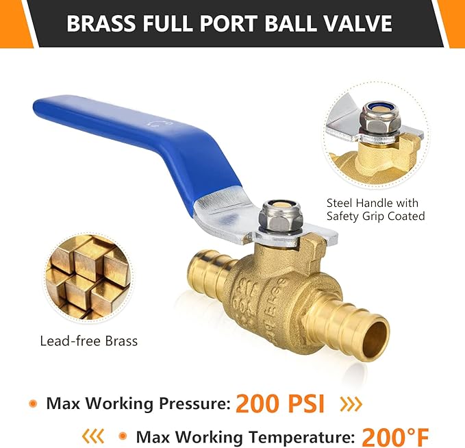 HeSun 20-PCs PEX Ball Valves, 3/4-Inch Brass Crimp Pex Valve for Hot and Cold Water, 1/4 Turn Full Port Shut-off Valve, ASTM F1807, Blue