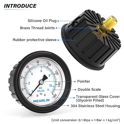 MEANLIN MEASURE 0~160Psi Stainless Steel Liquid Filled Pressure Gauge 1/4" NPT 2.5" FACE DIAL with Rubber Protective Sleeve, Center Back Mount