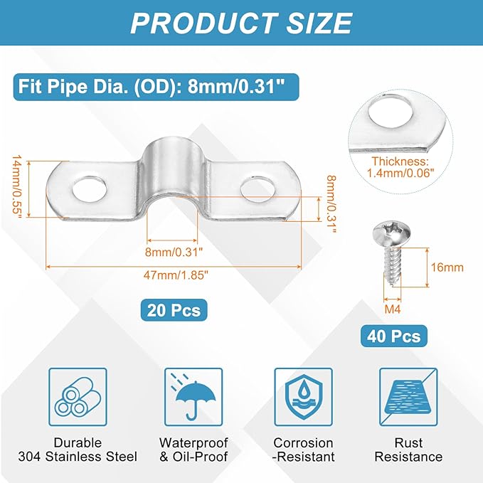uxcell 20Pcs 8mm(5/16") Two Hole Rigid Pipe Strap, 304 Stainless Steel Conduit Clamp Thicken U Bracket Heavy Duty Pipe Clamp with Self-Tapping Screws for Fixing Tube Cable, Silver