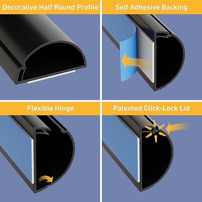 D-Line Half Round Cord Hider, Patented Cable Cover, Hide TV Wall Mount Wires, Raceway for Cords, Decorative Wire Covers, Paintable, Adhesive Cable Concealer - 2X 1.18in W x 0.59in H x 39in L - Black