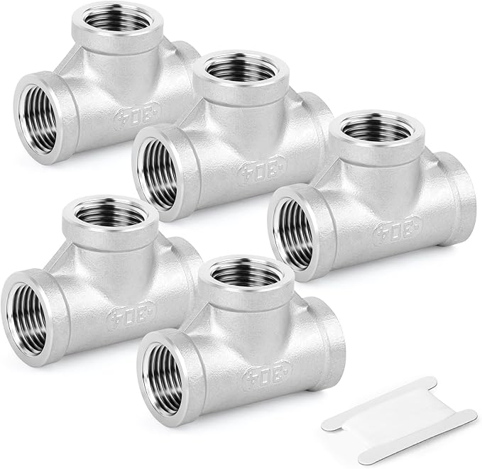 TAISHER 5PCS Stainless Steel Tee Pipe Fittings, 3/8" x 3/8" x 3/8" NPT Female Pipe Fittings